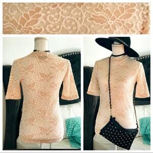 Mock Neck Bell Short Sleeve Blouse Sheer Floral Lace Design M